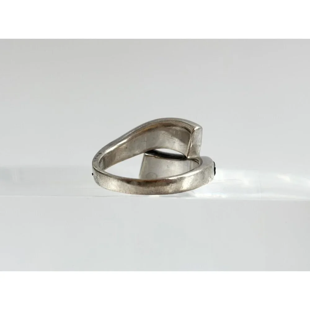 Black Onyx & Simulated Diamond 925 Sterling Silver Vintage Ring - sz 7